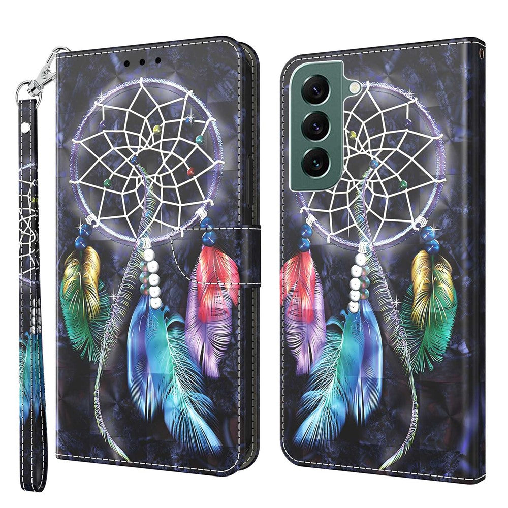 Phone Case For Samsung Galaxy S22+ 5G, Wallet Stand Style 3D Pattern Printing PU Leather + TPU Magnetic Shell with Strap