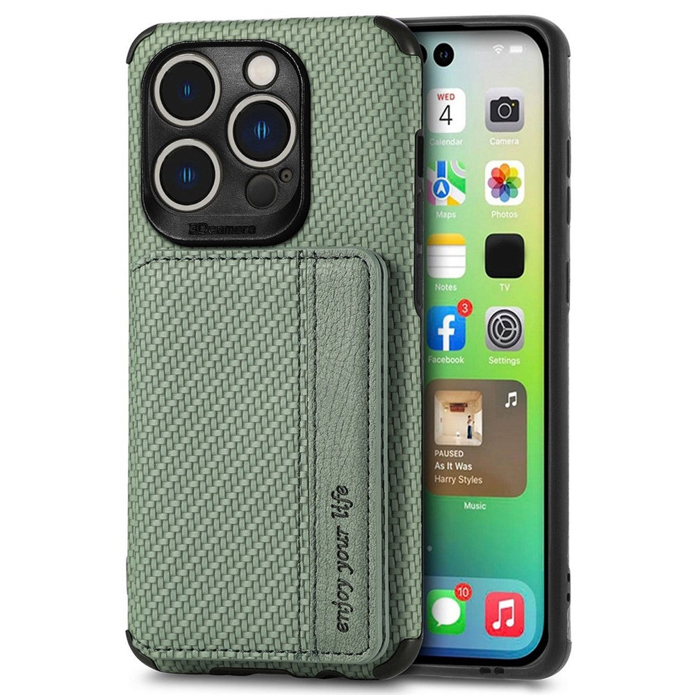 For iPhone 14 Pro Max 6.7 inch Carbon Fiber Texture RFID Blocking Wallet Design Phone Case Leather Coated TPU Anti-scratch Magnetic Cover with Kickstand