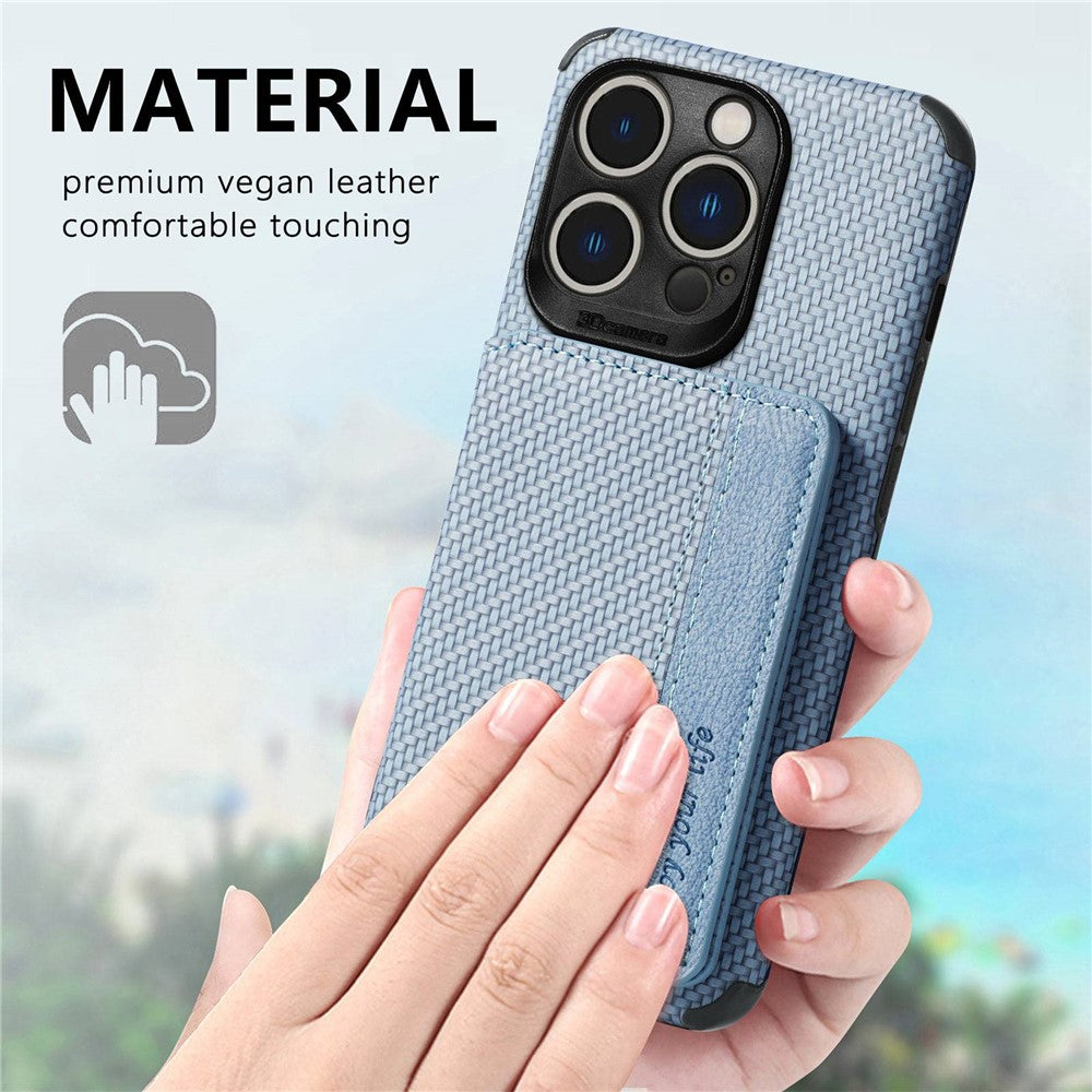 For iPhone 14 Pro Max 6.7 inch Carbon Fiber Texture RFID Blocking Wallet Design Phone Case Leather Coated TPU Anti-scratch Magnetic Cover with Kickstand