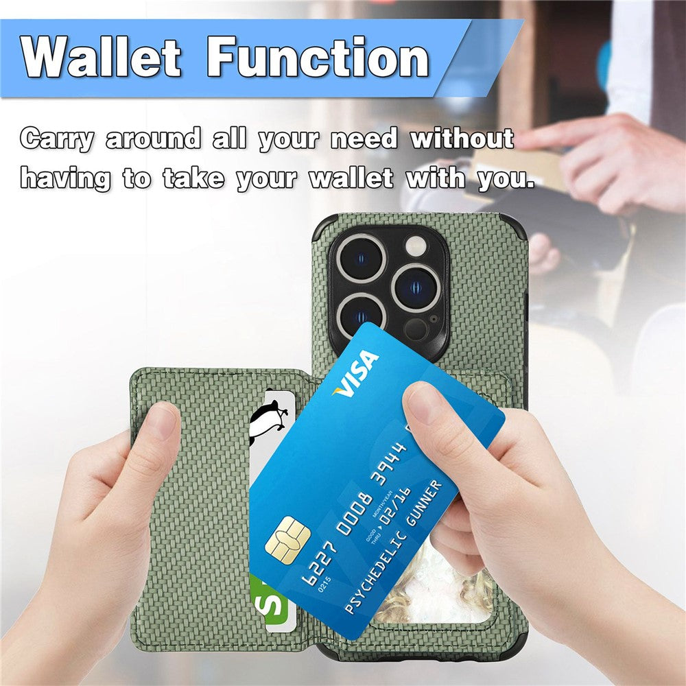 For iPhone 14 Pro Max 6.7 inch Carbon Fiber Texture RFID Blocking Wallet Design Phone Case Leather Coated TPU Anti-scratch Magnetic Cover with Kickstand