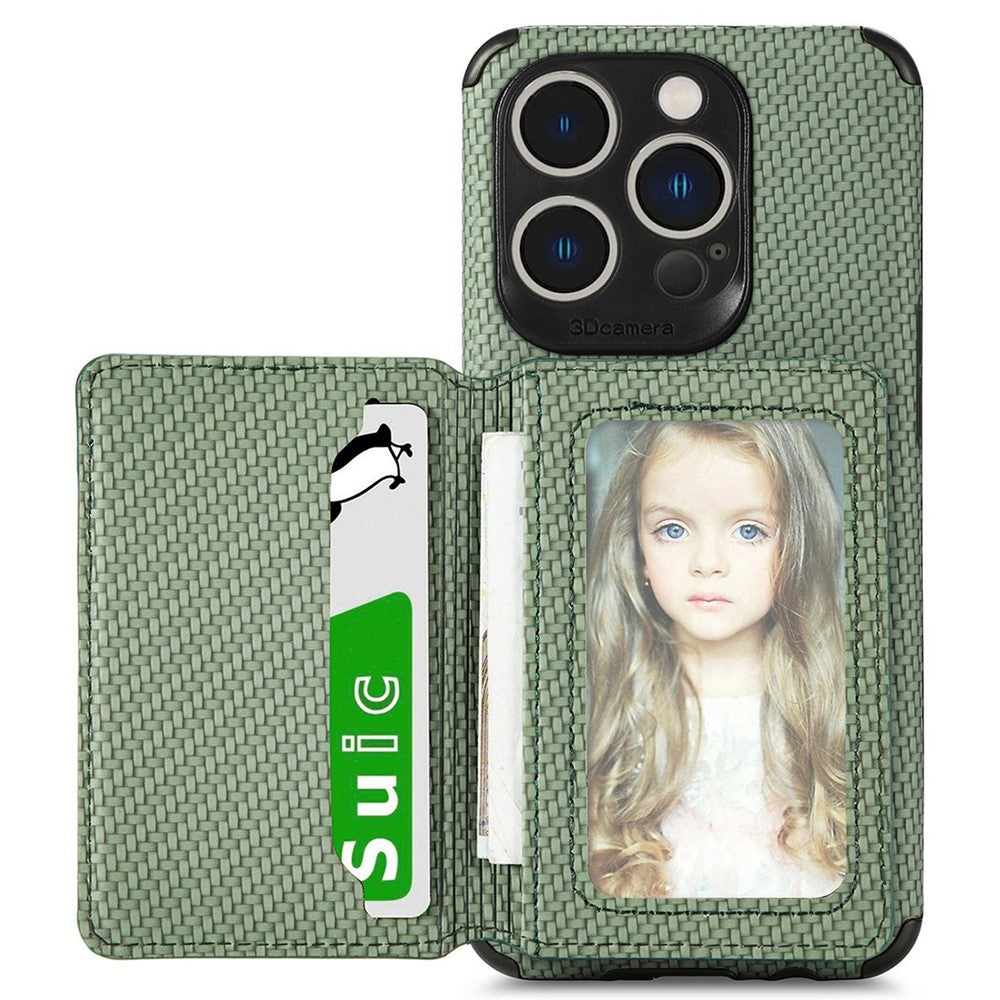For iPhone 14 Pro Max 6.7 inch Carbon Fiber Texture RFID Blocking Wallet Design Phone Case Leather Coated TPU Anti-scratch Magnetic Cover with Kickstand