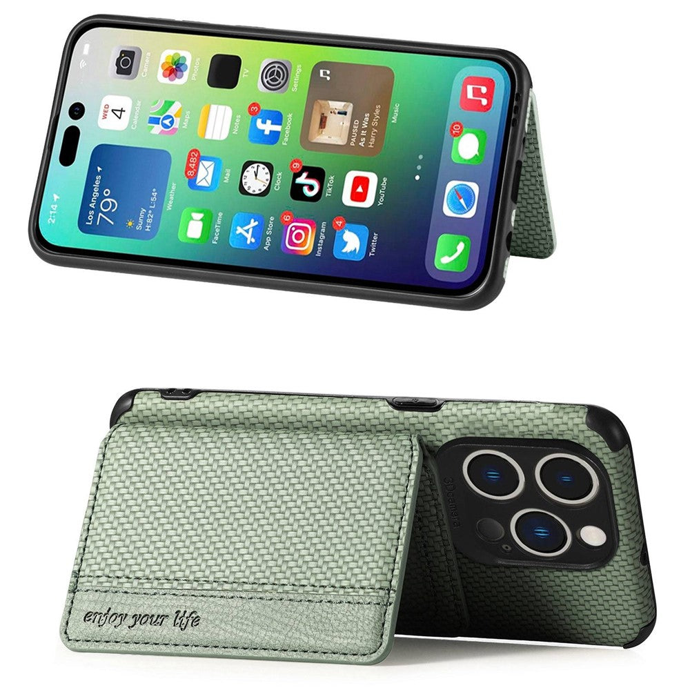 For iPhone 14 Pro Max 6.7 inch Carbon Fiber Texture RFID Blocking Wallet Design Phone Case Leather Coated TPU Anti-scratch Magnetic Cover with Kickstand