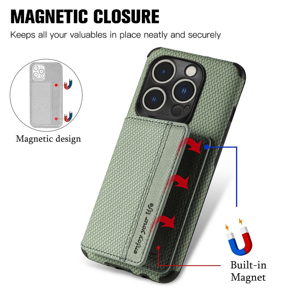 For iPhone 14 Pro Max 6.7 inch Carbon Fiber Texture RFID Blocking Wallet Design Phone Case Leather Coated TPU Anti-scratch Magnetic Cover with Kickstand