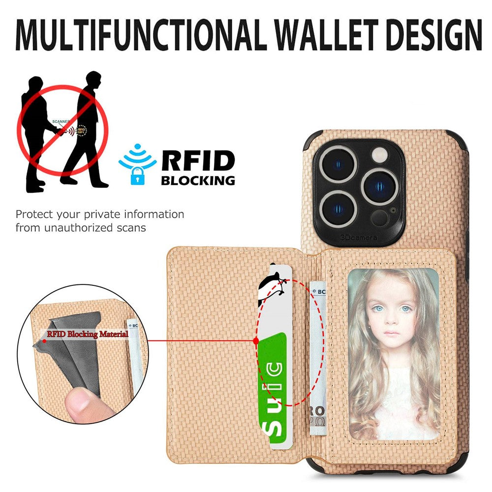 For iPhone 14 Pro Max 6.7 inch Carbon Fiber Texture RFID Blocking Wallet Design Phone Case Leather Coated TPU Anti-scratch Magnetic Cover with Kickstand