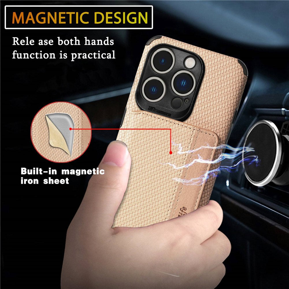 For iPhone 14 Pro Max 6.7 inch Carbon Fiber Texture RFID Blocking Wallet Design Phone Case Leather Coated TPU Anti-scratch Magnetic Cover with Kickstand