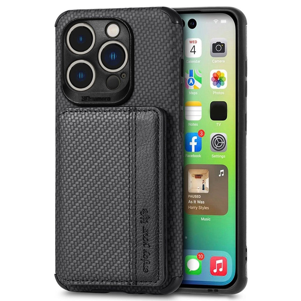 For iPhone 14 Pro Max 6.7 inch Carbon Fiber Texture RFID Blocking Wallet Design Phone Case Leather Coated TPU Anti-scratch Magnetic Cover with Kickstand