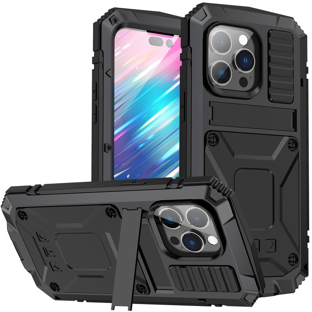 iPhone 14 Pro Max 6,7 tommer støvtæt, stænktæt og faldsikkert mobilcover af metal + silikone + PC med støtte, slidstærkt cover med hærdet glasfilm