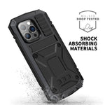iPhone 14 Pro Max 6,7 tommer støvtæt, stænktæt og faldsikkert mobilcover af metal + silikone + PC med støtte, slidstærkt cover med hærdet glasfilm