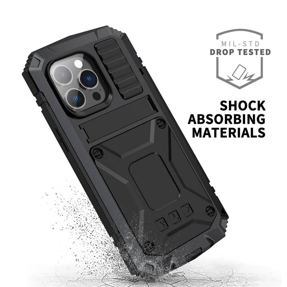 iPhone 14 Pro Max 6,7 tommer støvtæt, stænktæt og faldsikkert mobilcover af metal + silikone + PC med støtte, slidstærkt cover med hærdet glasfilm