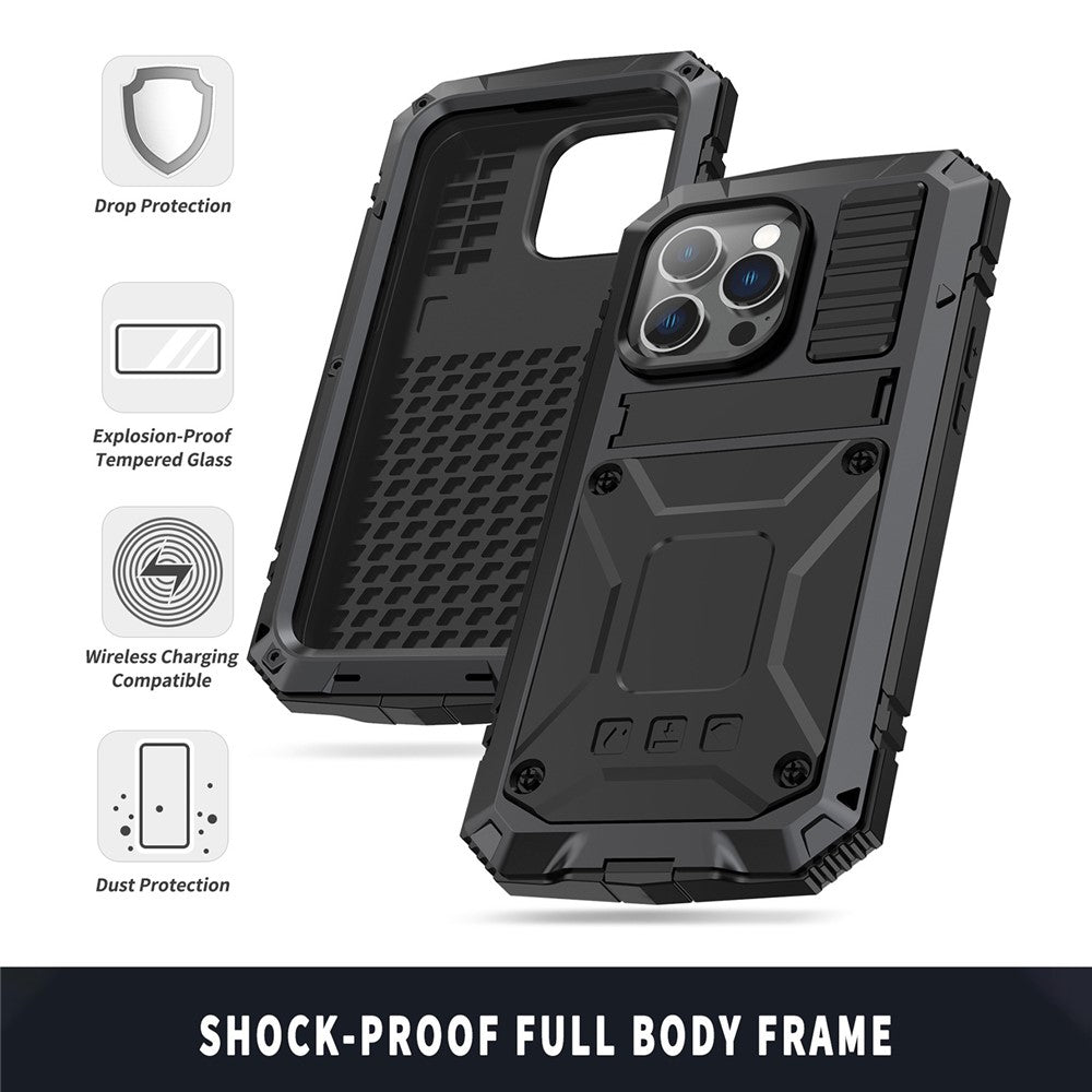 iPhone 14 Pro Max 6,7 tommer støvtæt, stænktæt og faldsikkert mobilcover af metal + silikone + PC med støtte, slidstærkt cover med hærdet glasfilm