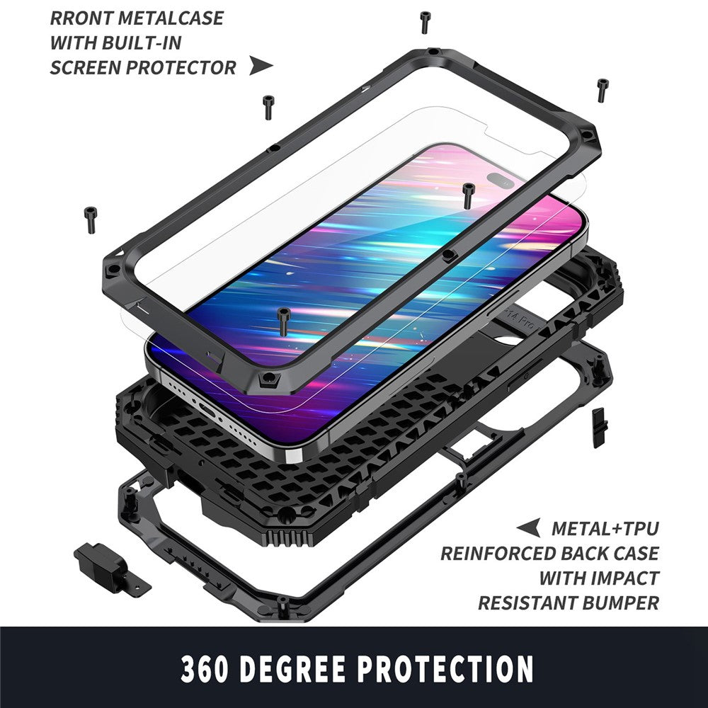 iPhone 14 Pro Max 6,7 tommer støvtæt, stænktæt og faldsikkert mobilcover af metal + silikone + PC med støtte, slidstærkt cover med hærdet glasfilm