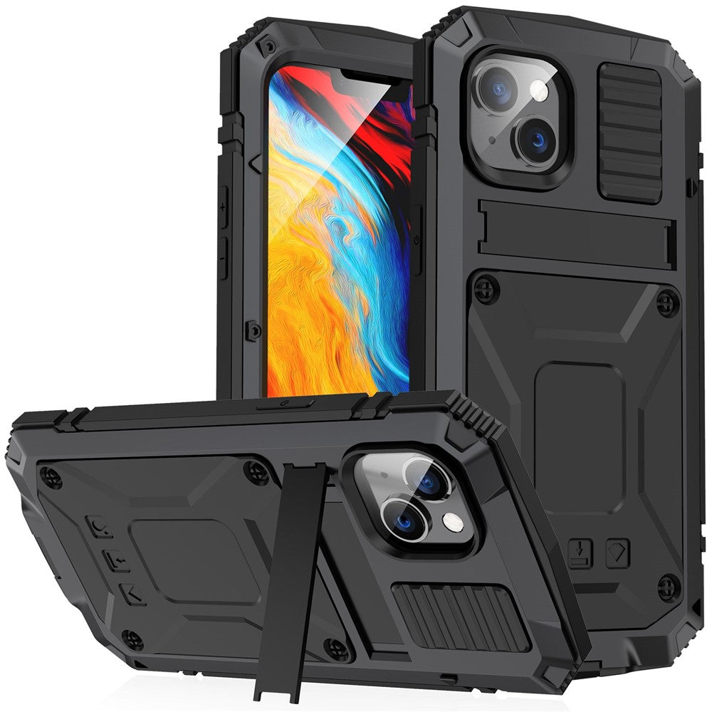 R-JUST til iPhone 14 Plus Hybrid telefoncover Beskyttende faldsikkert bagcover Stander med skærmbeskytter af hærdet glasfilm