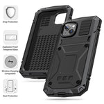 R-JUST for iPhone 14 Plus Hybrid Phone Case Protective Drop-proof Back Cover Kickstand with Tempered Glass Film Screen Protector