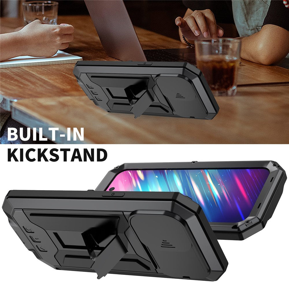 R-JUST til iPhone 14 Pro 6,1 tommer, silikone- og metalcover med skydeligt kameradæksel og hærdet glasskærmbeskytter, stativdesign, vandtæt og stødsikkert