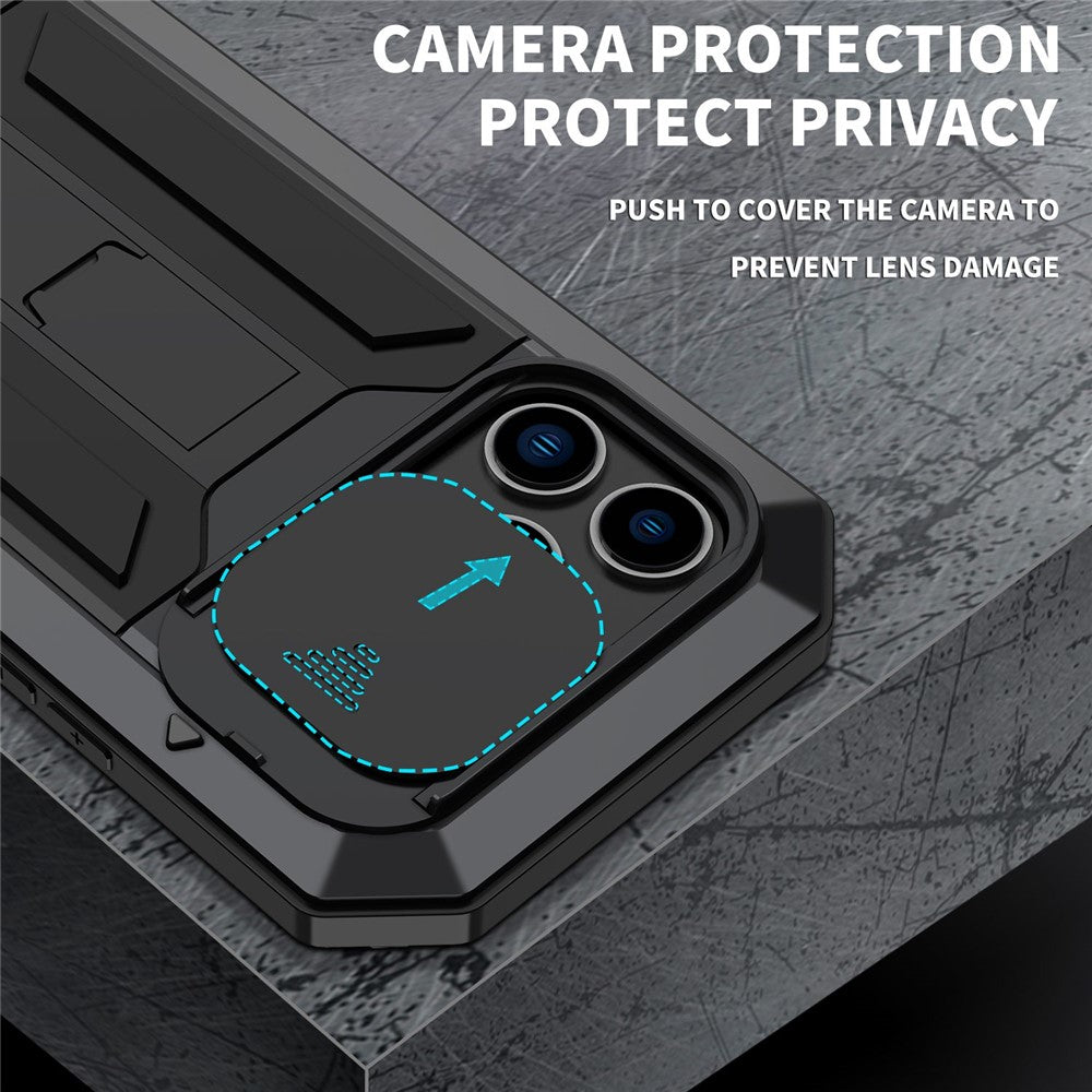 R-JUST til iPhone 14 Pro 6,1 tommer, silikone- og metalcover med skydeligt kameradæksel og hærdet glasskærmbeskytter, stativdesign, vandtæt og stødsikkert