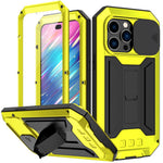 R-JUST til iPhone 14 Pro 6,1 tommer, silikone- og metalcover med skydeligt kameradæksel og hærdet glasskærmbeskytter, stativdesign, vandtæt og stødsikkert