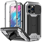 R-JUST til iPhone 14 Pro 6,1 tommer, silikone- og metalcover med skydeligt kameradæksel og hærdet glasskærmbeskytter, stativdesign, vandtæt og stødsikkert