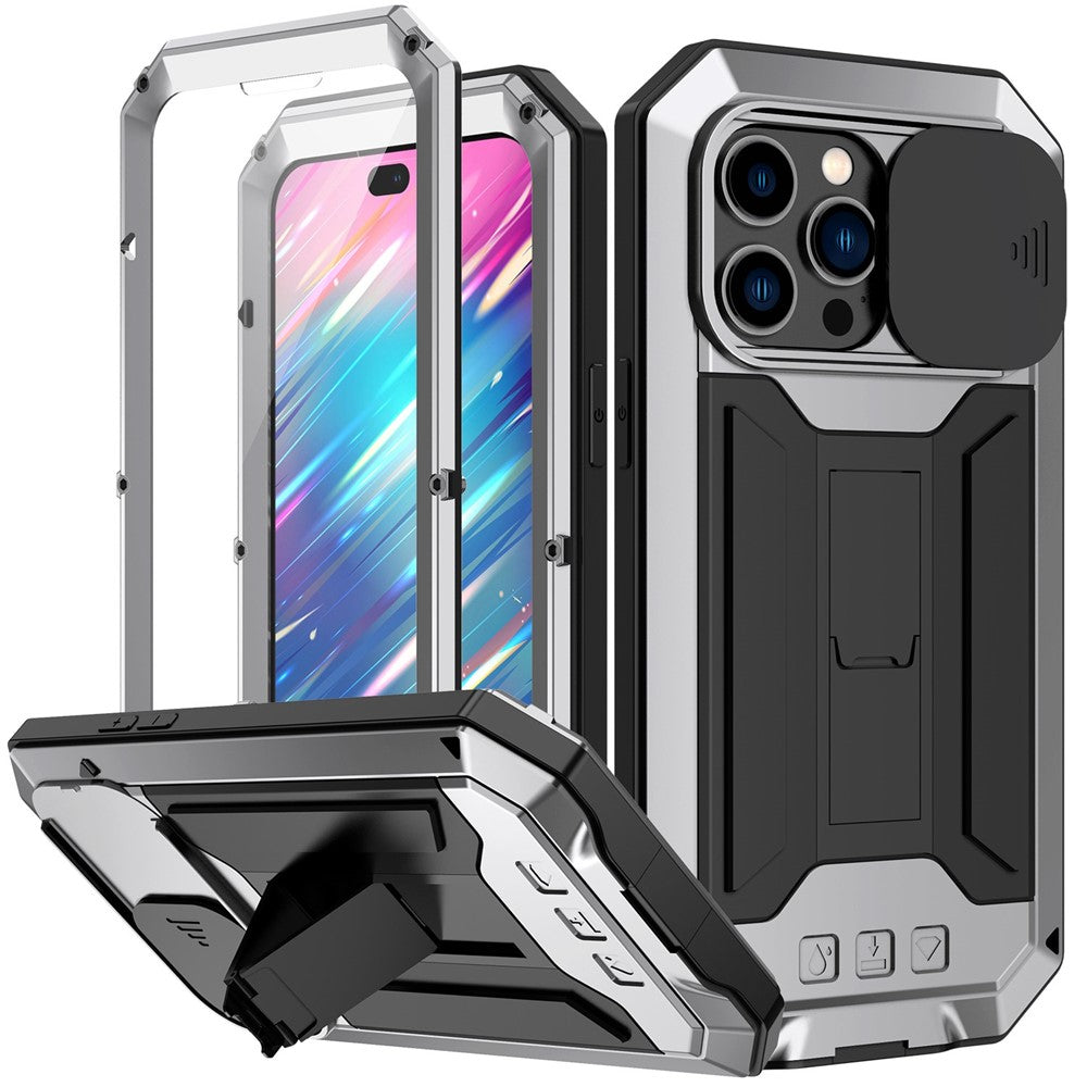 R-JUST til iPhone 14 Pro 6,1 tommer, silikone- og metalcover med skydeligt kameradæksel og hærdet glasskærmbeskytter, stativdesign, vandtæt og stødsikkert
