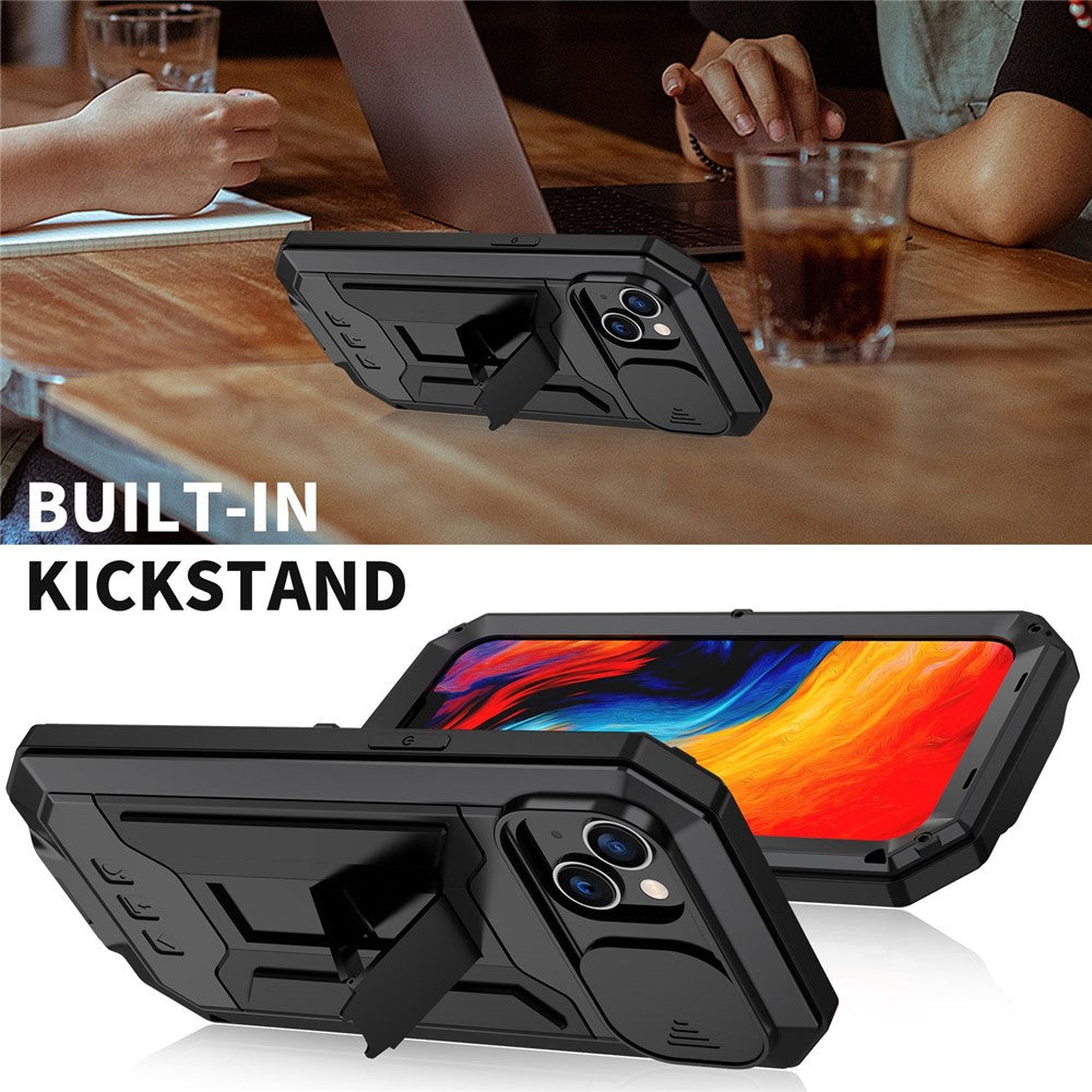 R-JUST til iPhone 14 6,1 tommer Skydeligt kameracover Silikone + metal + hærdet glas skærmbeskytter Telefoncover Dropsikkert cover med støttefod