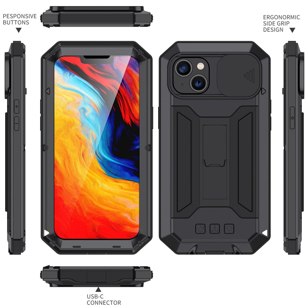 R-JUST til iPhone 14 6,1 tommer Skydeligt kameracover Silikone + metal + hærdet glas skærmbeskytter Telefoncover Dropsikkert cover med støttefod