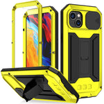 R-JUST til iPhone 14 6,1 tommer Skydeligt kameracover Silikone + metal + hærdet glas skærmbeskytter Telefoncover Dropsikkert cover med støttefod