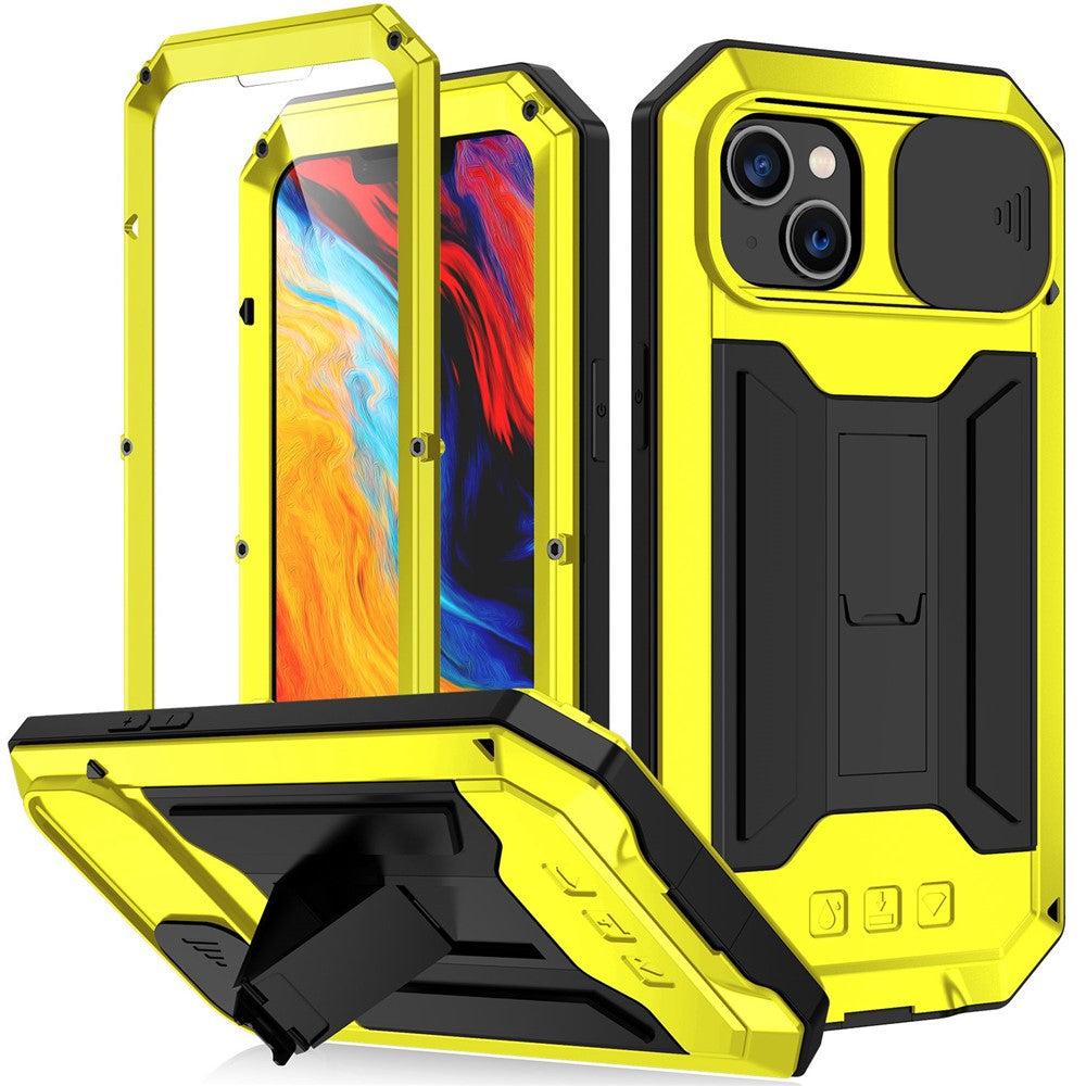 R-JUST til iPhone 14 6,1 tommer Skydeligt kameracover Silikone + metal + hærdet glas skærmbeskytter Telefoncover Dropsikkert cover med støttefod