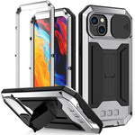 R-JUST til iPhone 14 6,1 tommer Skydeligt kameracover Silikone + metal + hærdet glas skærmbeskytter Telefoncover Dropsikkert cover med støttefod