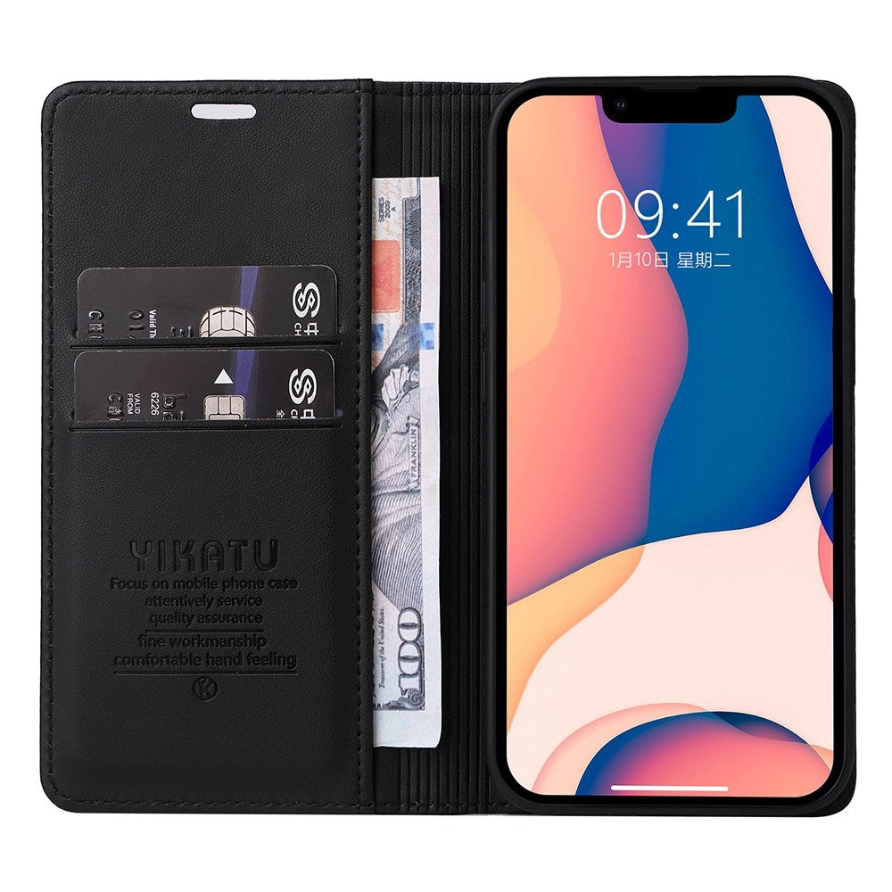 YIKATU Stødsikkert telefoncover til iPhone 14 6,1 tommer, YK-001 PU-læder flip-pung-etui med stativ og magnetisk autosugende telefoncover