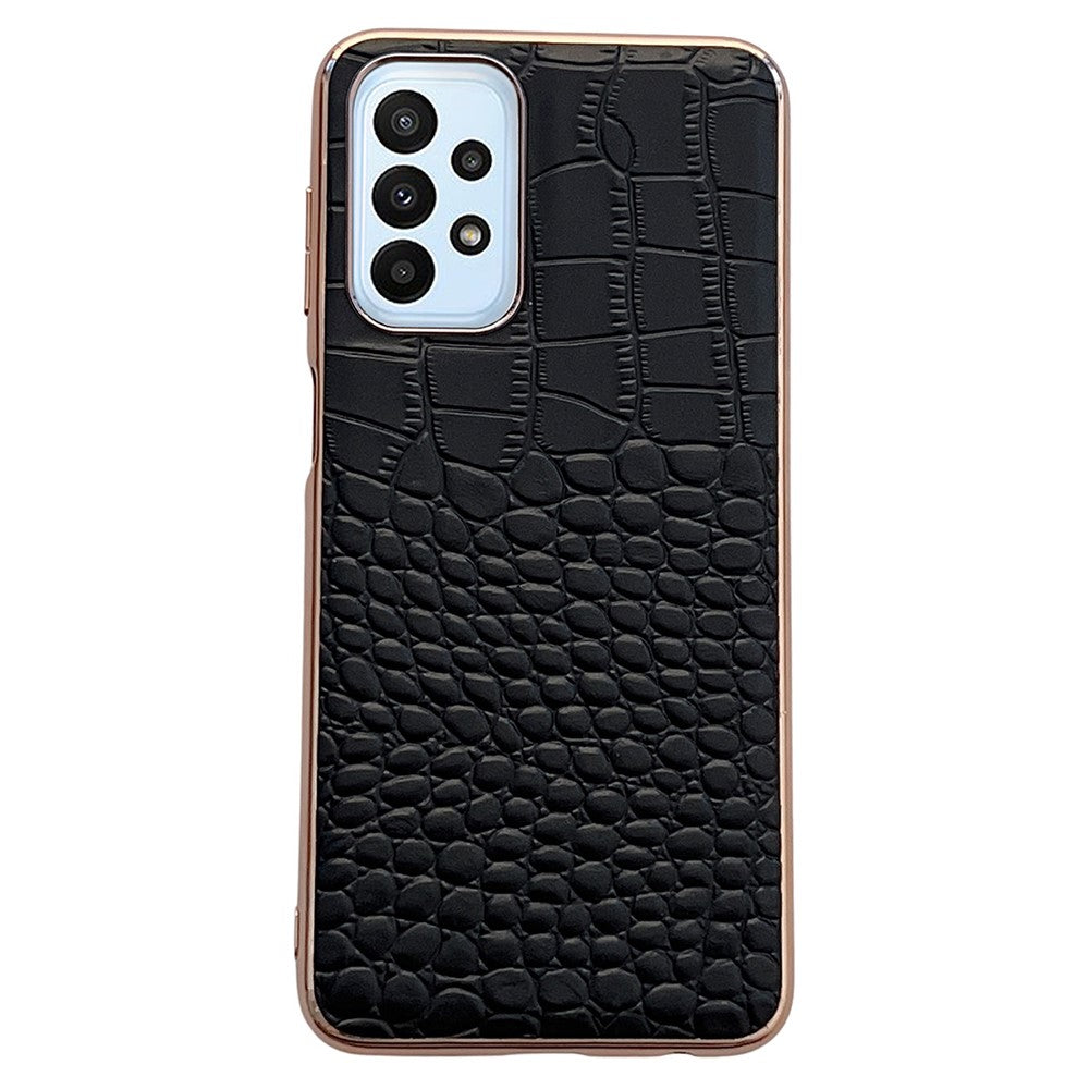Gold Crocodile Series Galvaniseret Telefoncover til Samsung Galaxy A13 4G, Ægte Koskind Læder+TPU+PC Skal