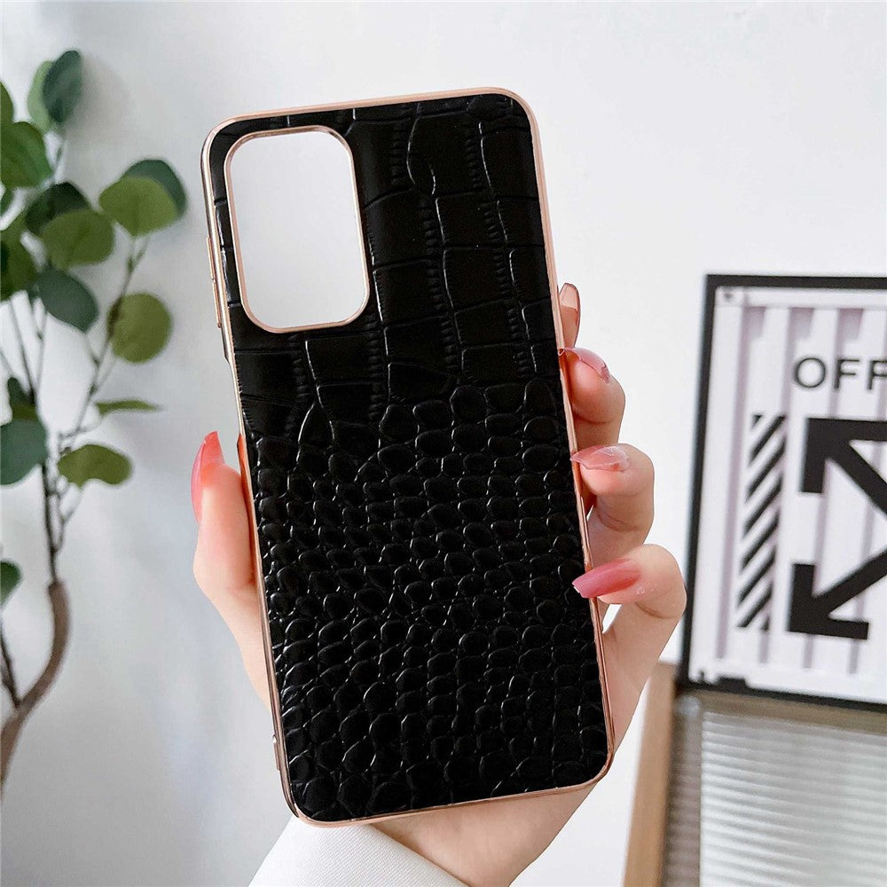 Gold Crocodile Series Galvaniseret Telefoncover til Samsung Galaxy A13 4G, Ægte Koskind Læder+TPU+PC Skal