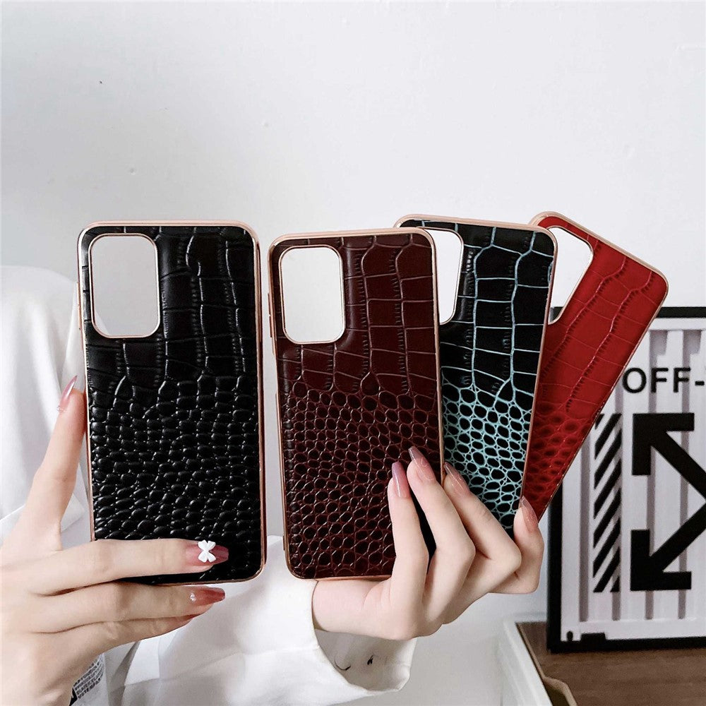 Gold Crocodile Series Galvaniseret Telefoncover til Samsung Galaxy A13 4G, Ægte Koskind Læder+TPU+PC Skal