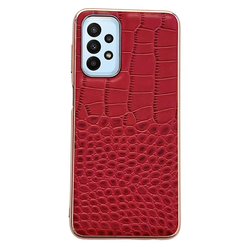 Gold Crocodile Series Galvaniseret Telefoncover til Samsung Galaxy A13 4G, Ægte Koskind Læder+TPU+PC Skal