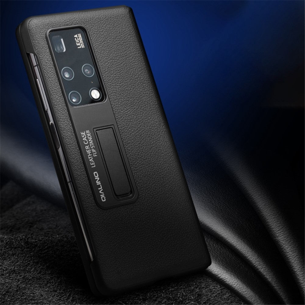 QIALINO For Huawei Mate X2 5G Smart Auto Wake Up  /  Sleep View Window Phone Case Genuine Cowhide Leather Anti-drop Phone Flip Cover with Hidden Kickstand