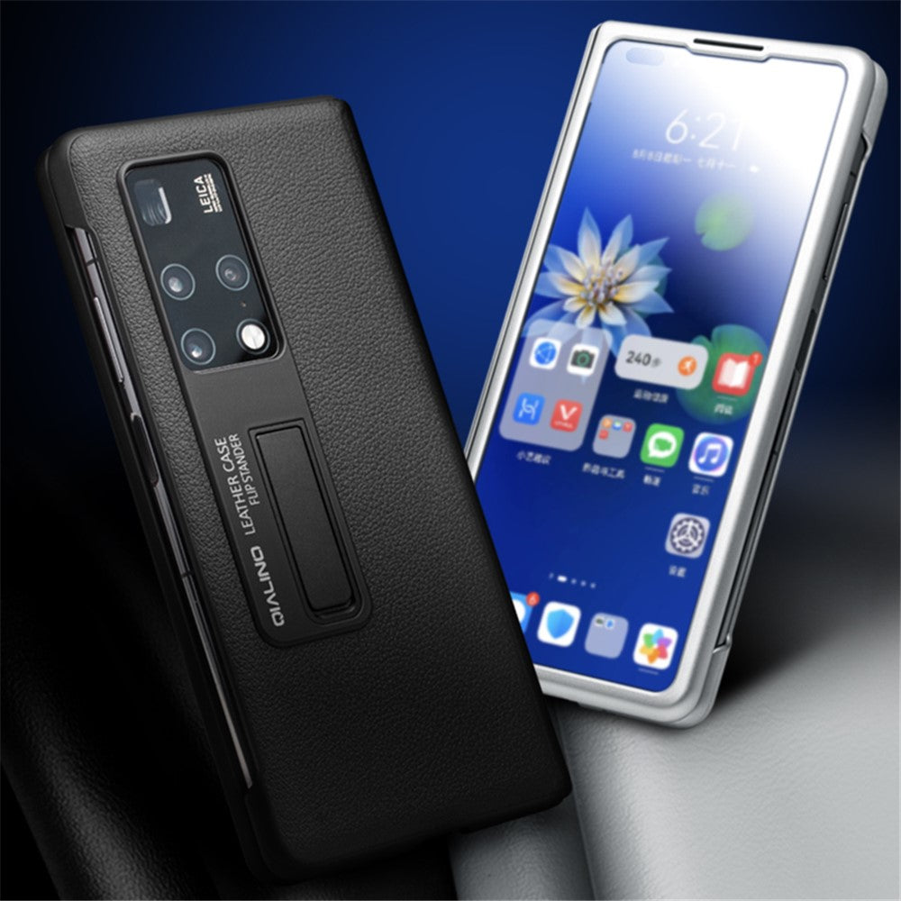QIALINO For Huawei Mate X2 5G Smart Auto Wake Up  /  Sleep View Window Phone Case Genuine Cowhide Leather Anti-drop Phone Flip Cover with Hidden Kickstand