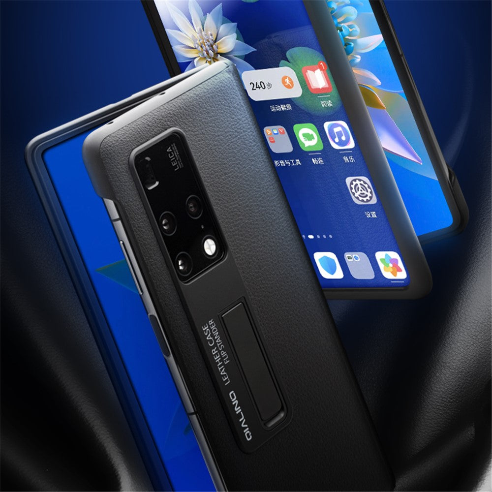 QIALINO For Huawei Mate X2 5G Smart Auto Wake Up  /  Sleep View Window Phone Case Genuine Cowhide Leather Anti-drop Phone Flip Cover with Hidden Kickstand