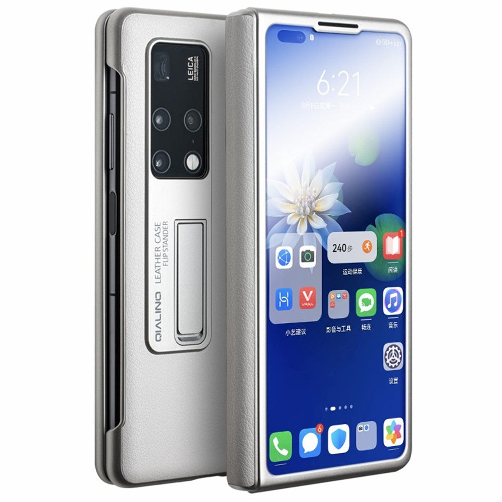 QIALINO For Huawei Mate X2 5G Smart Auto Wake Up  /  Sleep View Window Phone Case Genuine Cowhide Leather Anti-drop Phone Flip Cover with Hidden Kickstand