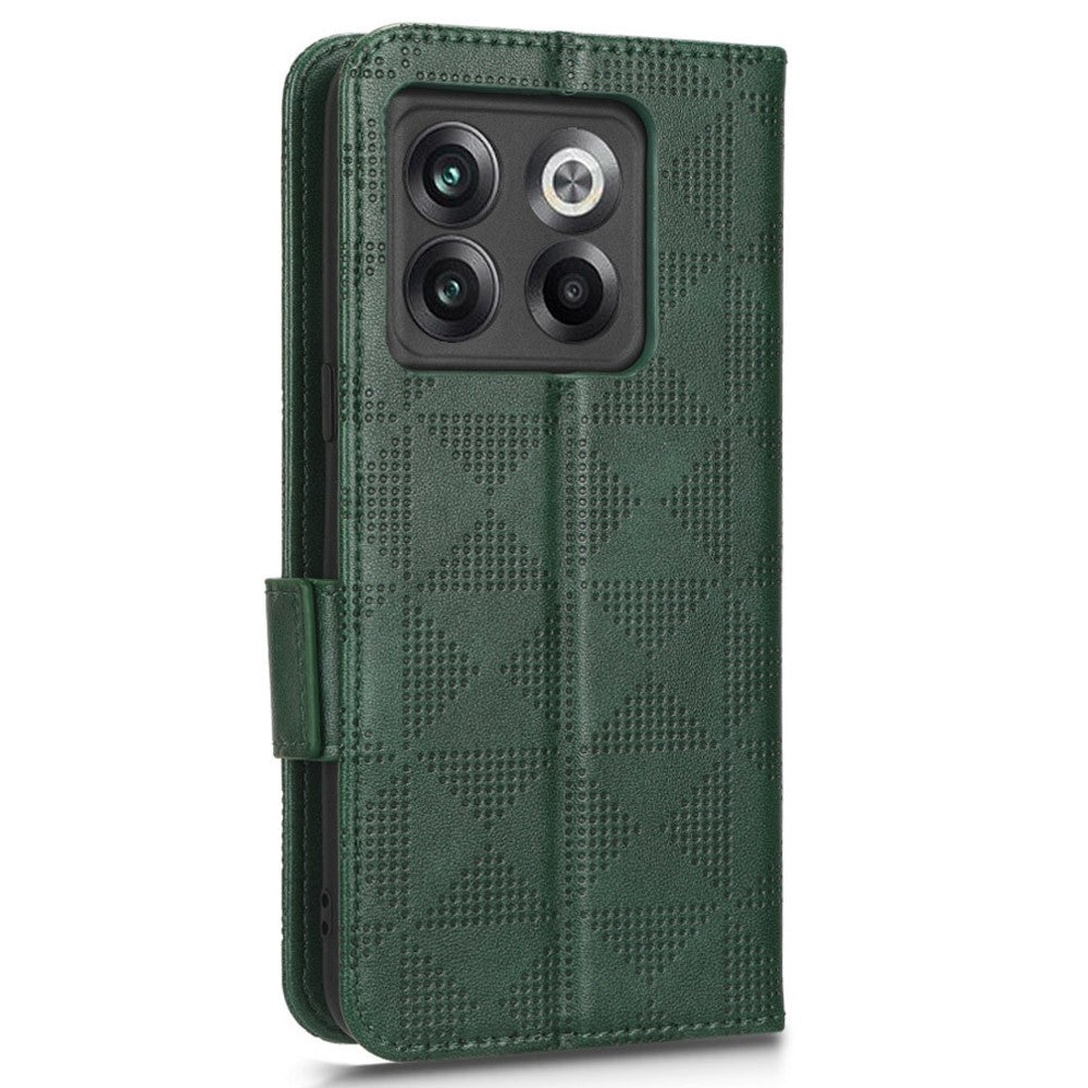 OnePlus 10T 5G / Ace Pro 5G-mobilcover med trekantmønster, præget, sammenfoldeligt stativ, ridsebestandigt PU-læder, pung-etui med rem