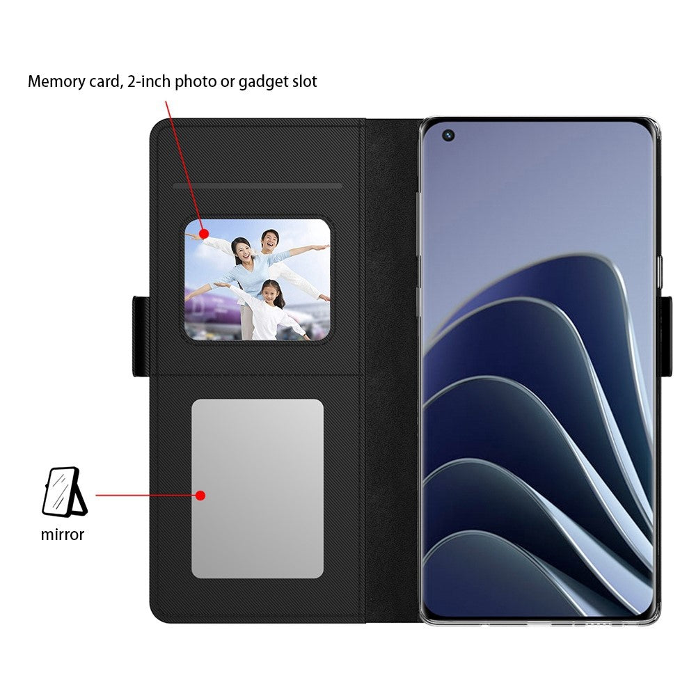 OnePlus 10 Pro 5G Sminkspegel PU-läderskydd Sidomagnetiskt spänne Stötsäkert Stativ Korthållare mobilskal