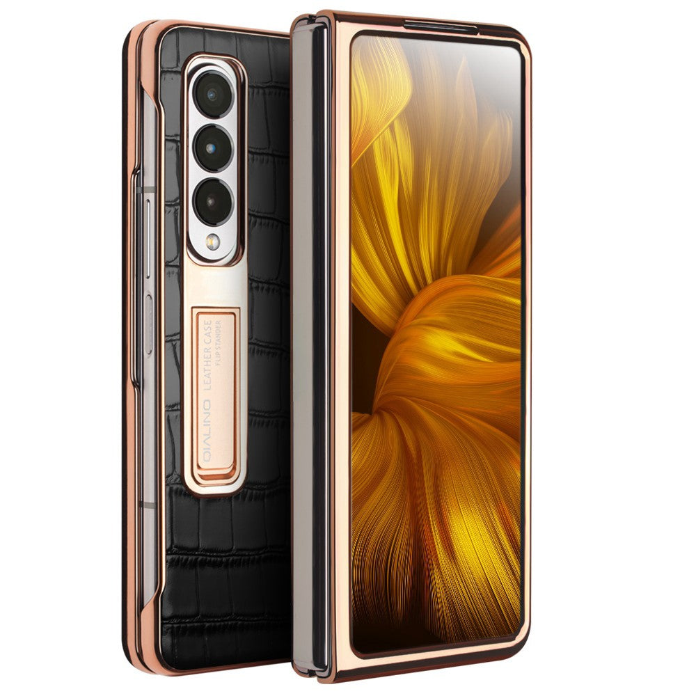 QIALINO til Samsung Galaxy Z Fold3 5G Krokodille Tekstur Ægte Læder + PC Støtteben Cover Galvanisering Telefoncover med Hærdet Glas