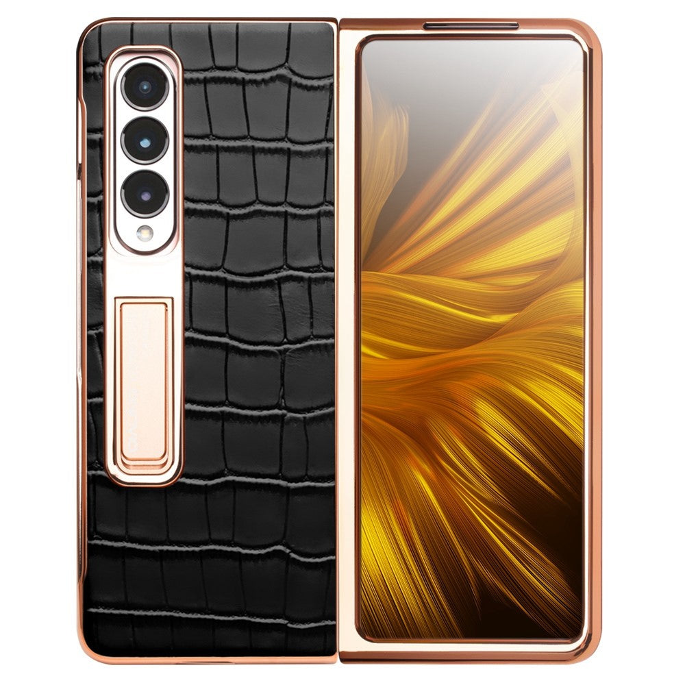 QIALINO til Samsung Galaxy Z Fold3 5G Krokodille Tekstur Ægte Læder + PC Støtteben Cover Galvanisering Telefoncover med Hærdet Glas