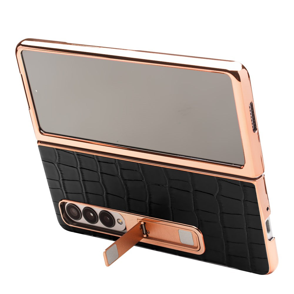 QIALINO til Samsung Galaxy Z Fold3 5G Krokodille Tekstur Ægte Læder + PC Støtteben Cover Galvanisering Telefoncover med Hærdet Glas