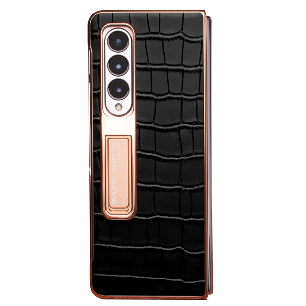 QIALINO til Samsung Galaxy Z Fold3 5G Krokodille Tekstur Ægte Læder + PC Støtteben Cover Galvanisering Telefoncover med Hærdet Glas