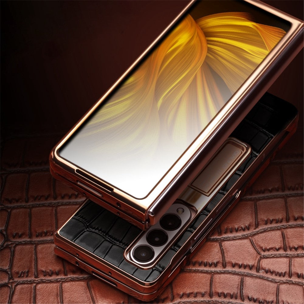 QIALINO til Samsung Galaxy Z Fold3 5G Krokodille Tekstur Ægte Læder + PC Støtteben Cover Galvanisering Telefoncover med Hærdet Glas