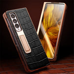 QIALINO til Samsung Galaxy Z Fold3 5G Krokodille Tekstur Ægte Læder + PC Støtteben Cover Galvanisering Telefoncover med Hærdet Glas