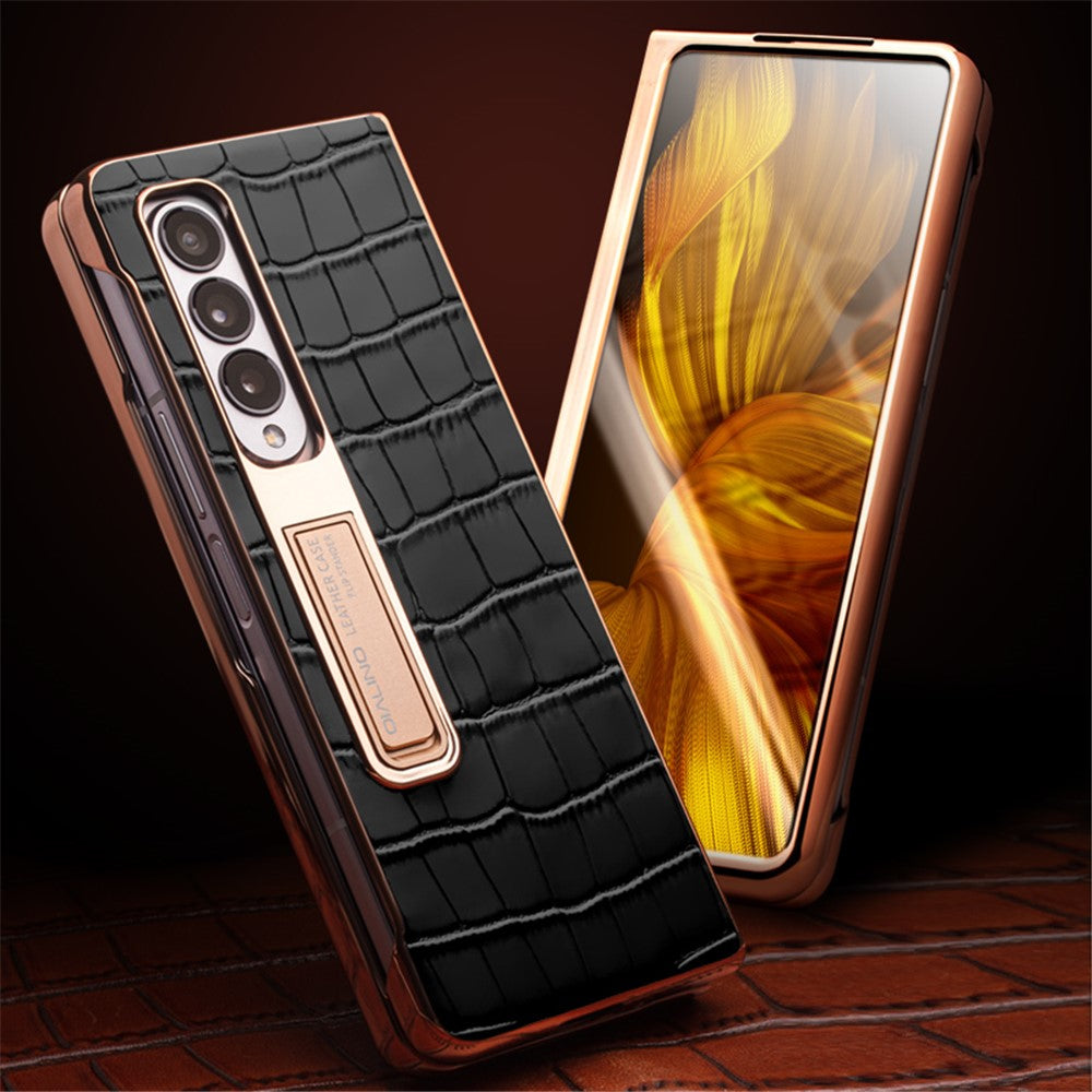 QIALINO til Samsung Galaxy Z Fold3 5G Krokodille Tekstur Ægte Læder + PC Støtteben Cover Galvanisering Telefoncover med Hærdet Glas