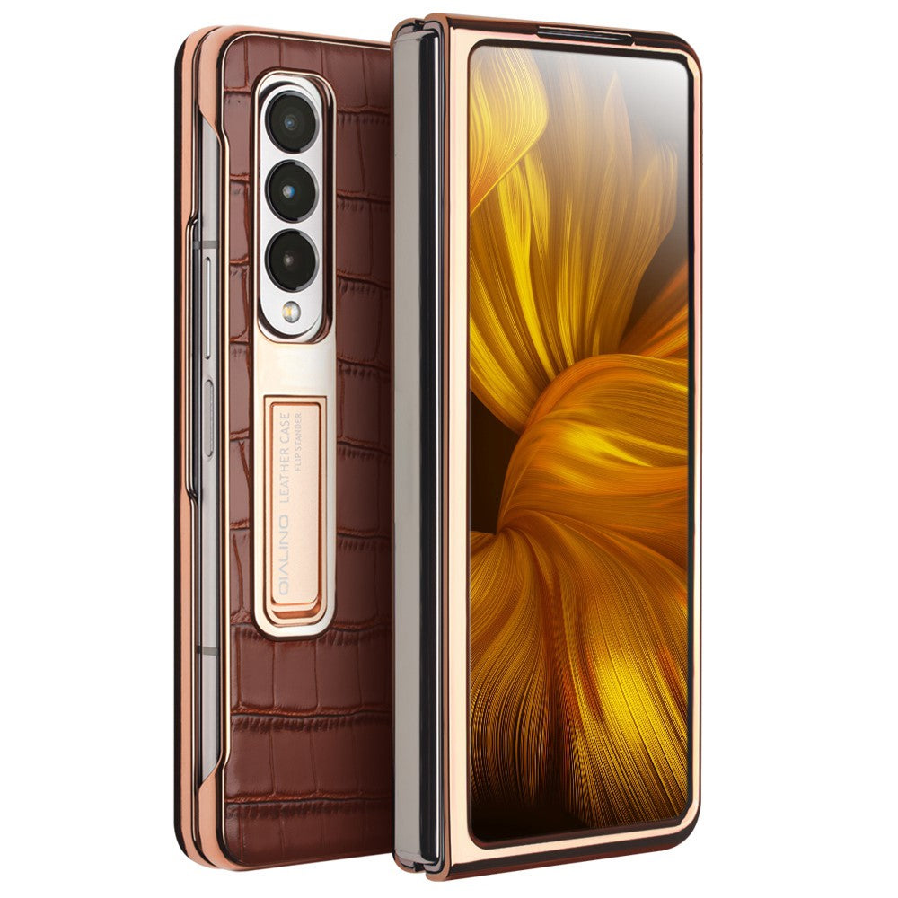 QIALINO til Samsung Galaxy Z Fold3 5G Krokodille Tekstur Ægte Læder + PC Støtteben Cover Galvanisering Telefoncover med Hærdet Glas