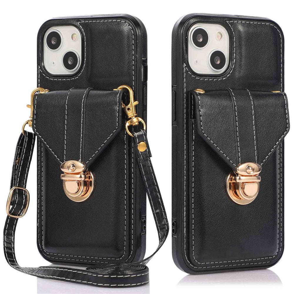 For iPhone 14 6.1 inch Anti-scratch Phone Cover PU Leather+TPU Card Holder Kickstand Phone Case with Shoulder Strap