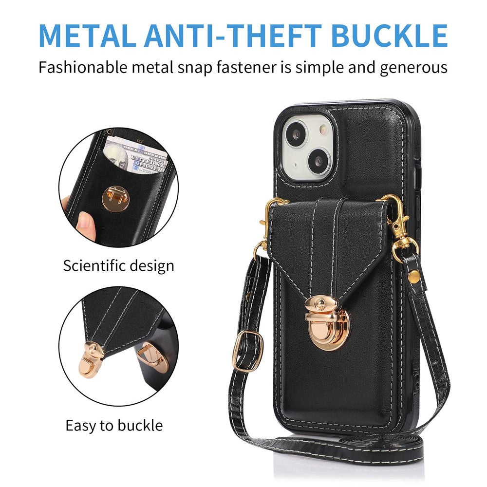 For iPhone 14 6.1 inch Anti-scratch Phone Cover PU Leather+TPU Card Holder Kickstand Phone Case with Shoulder Strap