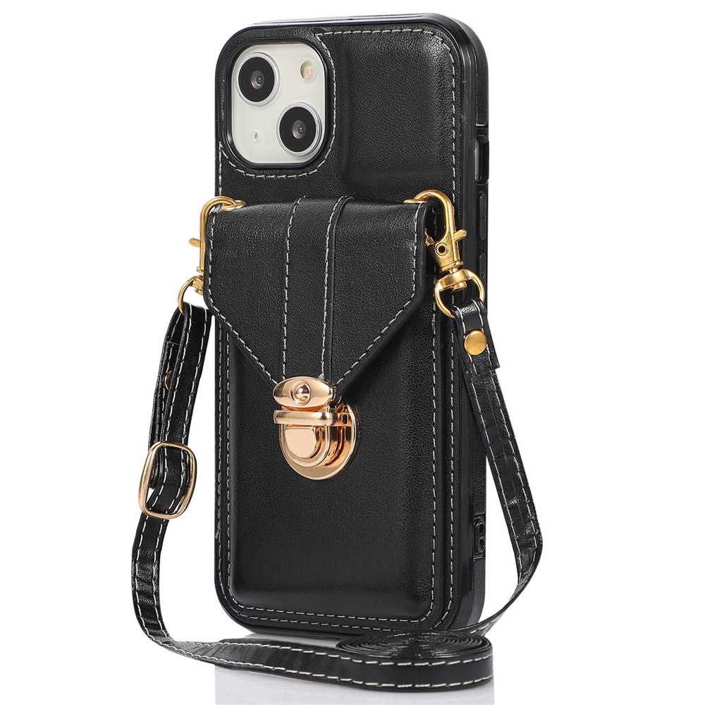 For iPhone 14 6.1 inch Anti-scratch Phone Cover PU Leather+TPU Card Holder Kickstand Phone Case with Shoulder Strap