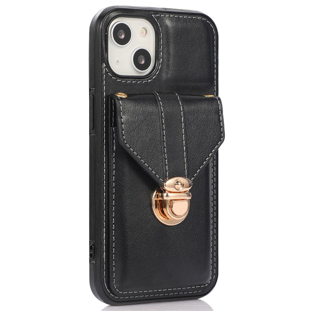 For iPhone 14 6.1 inch Anti-scratch Phone Cover PU Leather+TPU Card Holder Kickstand Phone Case with Shoulder Strap